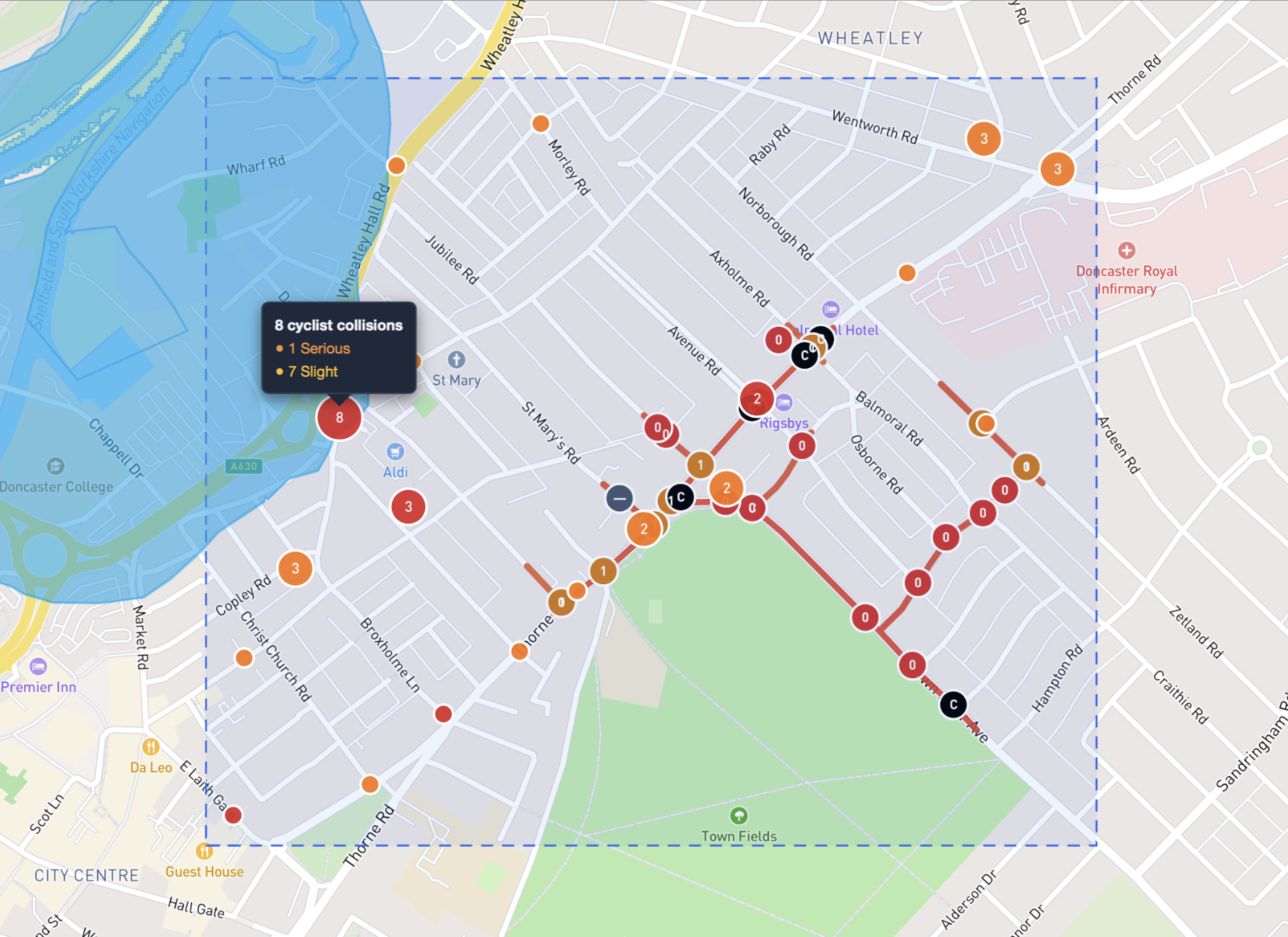 StreetVision assessment map showing route scores, collision layer and study area