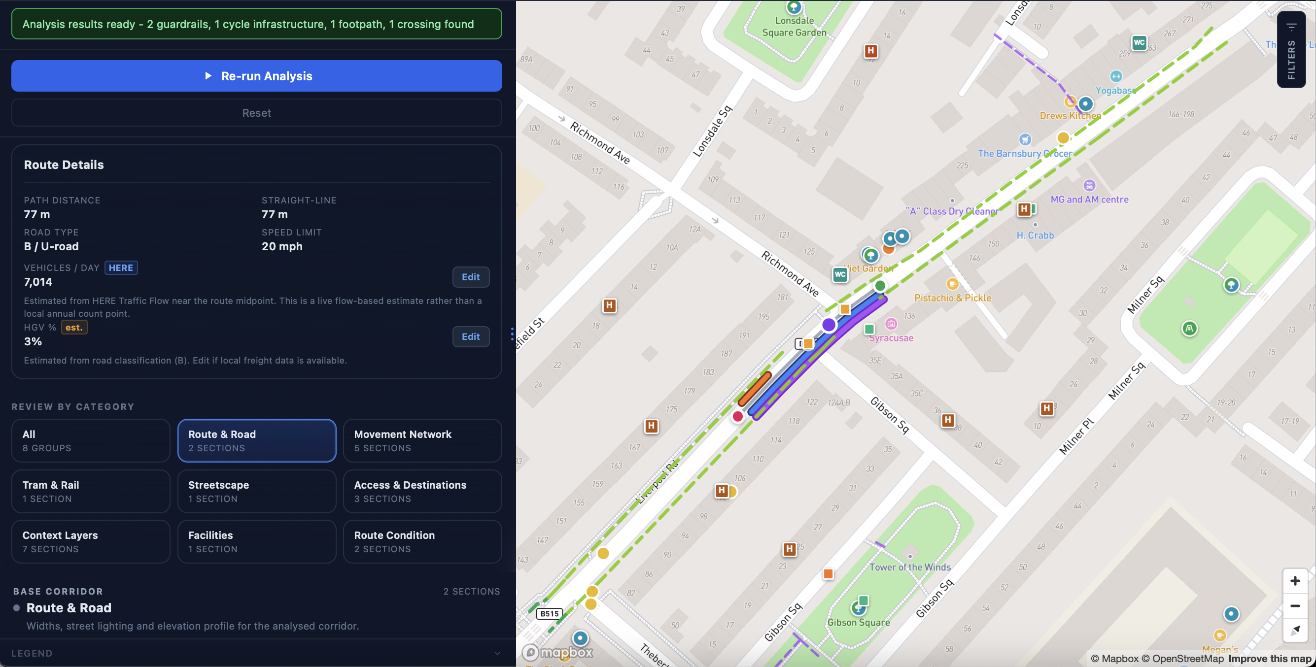 StreetVision data collection workspace showing analysis results, route details, detected features and mapped evidence