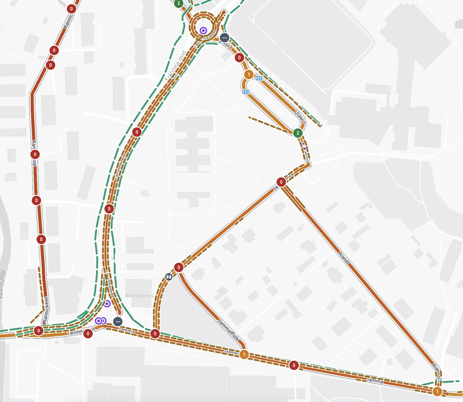 City-scale assessment map from an Estonian network pilot with scored route segments and planned infrastructure overlays