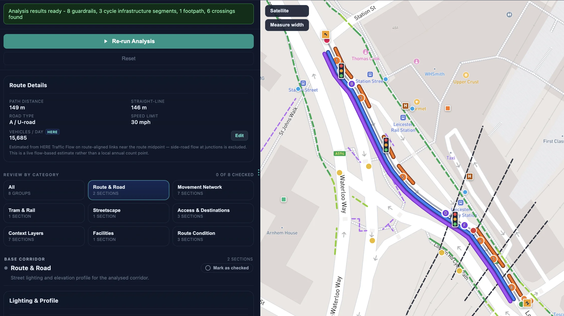 StreetVision route check workspace showing detected guardrails, crossings and cycle infrastructure along a station corridor with route details and review categories